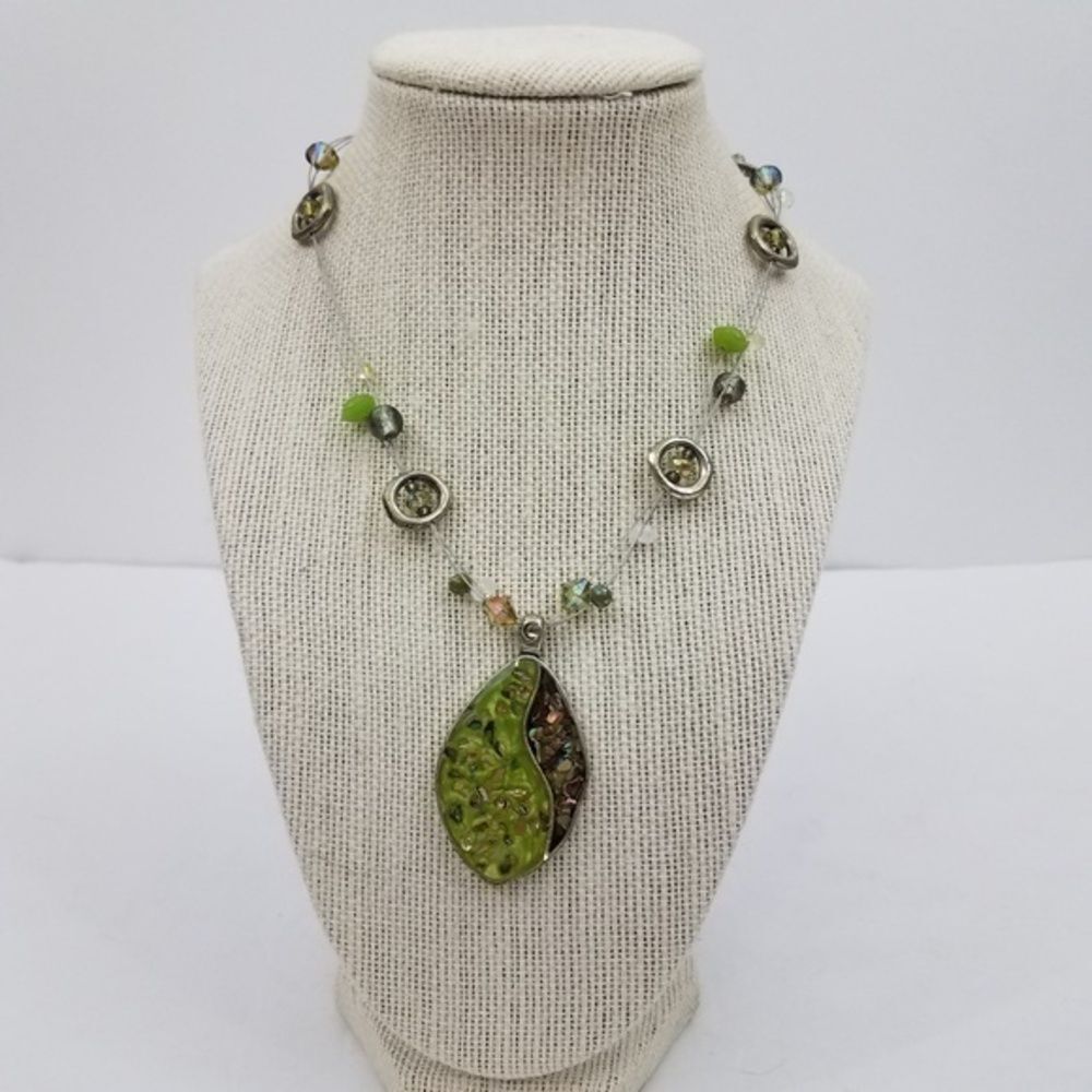 Laura Ashley Necklace Green Statement Silver Tone‎
